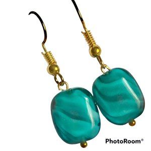 Murano Art Glass Rectangle Bead Earrings Aqua Green Blue Gold Plated HandMade